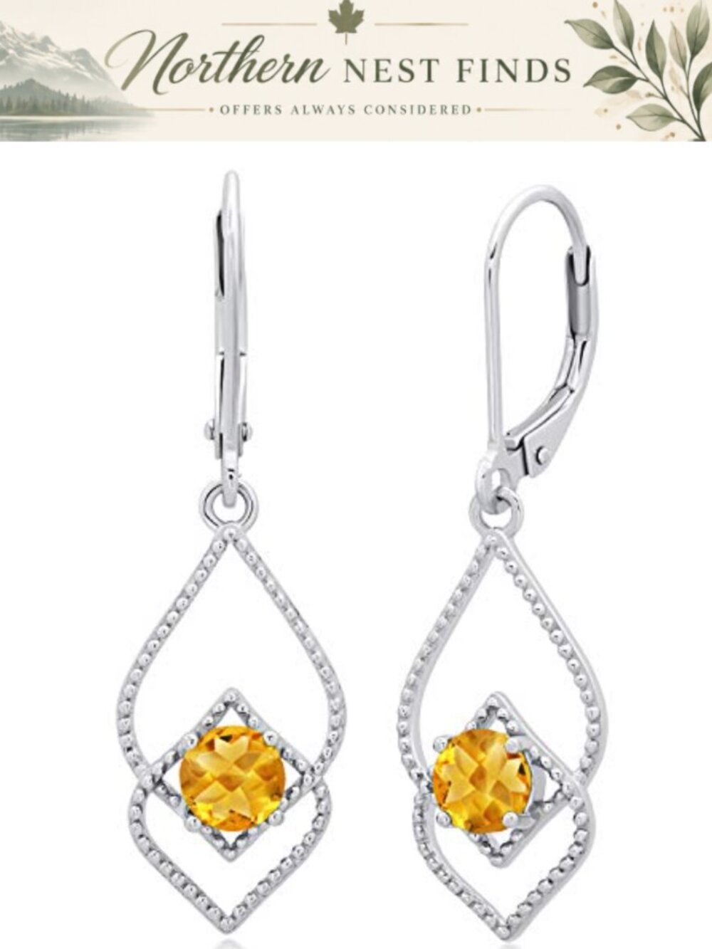 Sterling Silver Citrine Dangle Earrings 5mm Birthstone Leverback